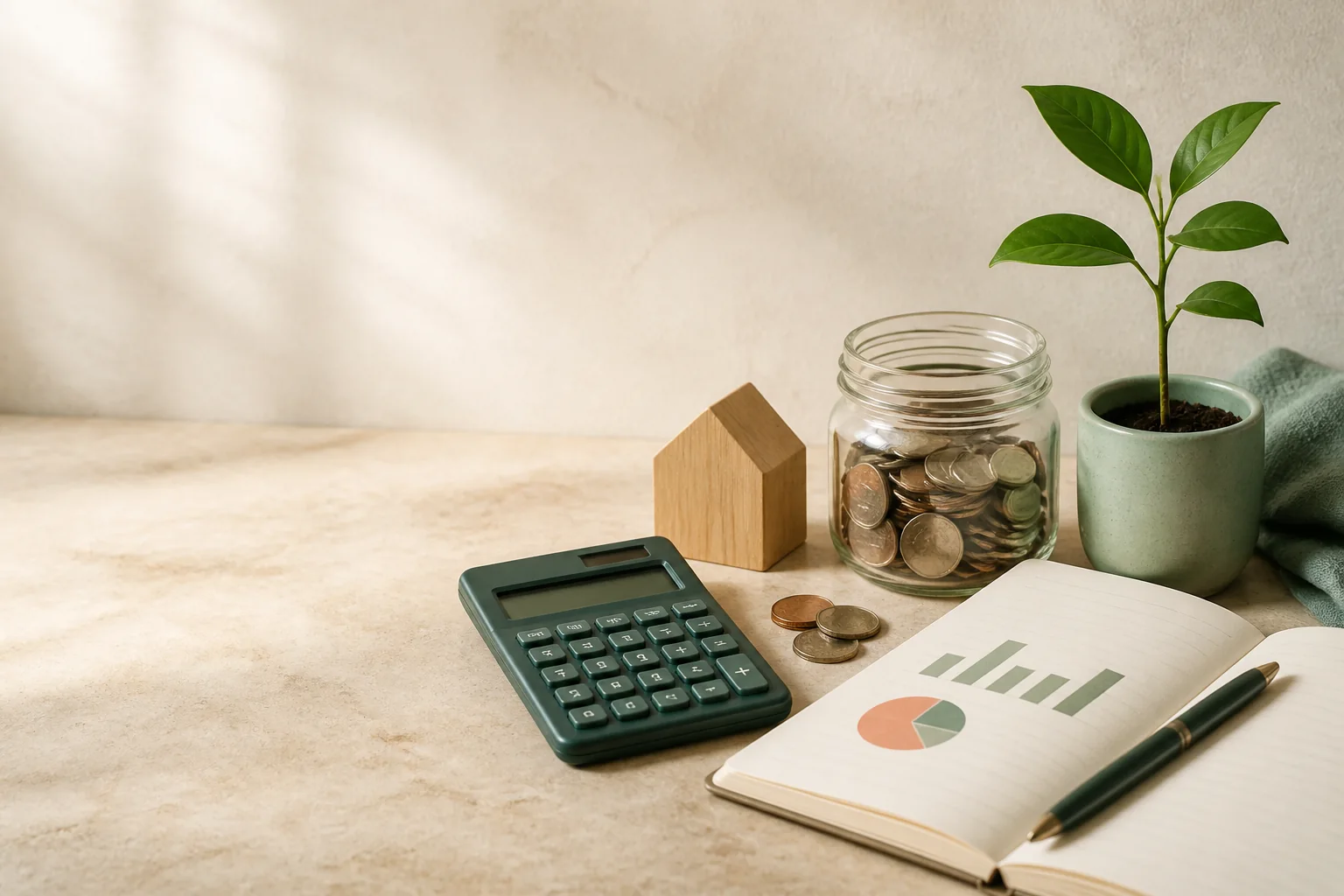 Calculator, savings jar, notebook, wooden house and growing plant arranged on a desk